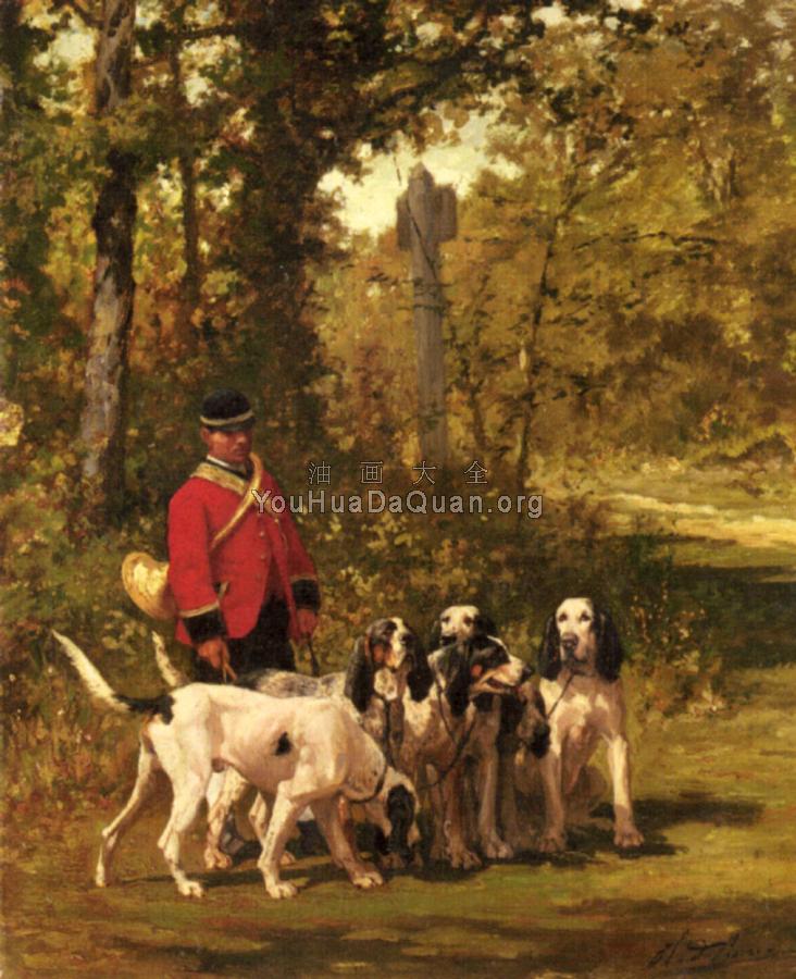 A Huntmaster with his Dogs on a Forest Trail - 查尔斯·奥利维尔·德·佩尼